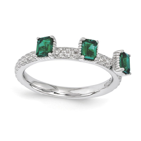 Sterling Silver Stackable Expressions Created Emerald Three Stone Ring - shirin-diamonds