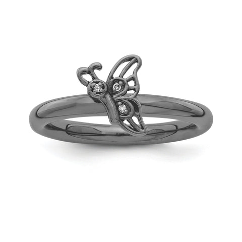 Sterling Silver Stackable Expressions Black-plated Butterfly w/Diamond Ring - shirin-diamonds