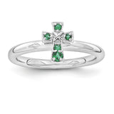 Sterling Silver Stackable Expressions Rhodium Created Emerald Cross Ring - shirin-diamonds