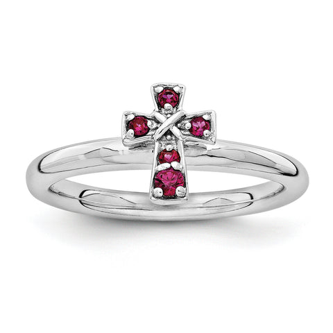 Sterling Silver Stackable Expressions Rhodium Created Ruby Cross Ring - shirin-diamonds