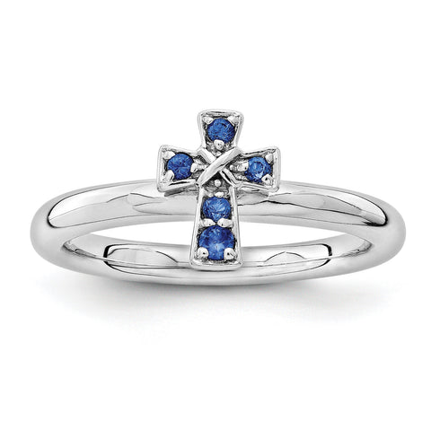 Sterling Silver Stackable Expressions Rhodium Created Sapphire Cross Ring - shirin-diamonds