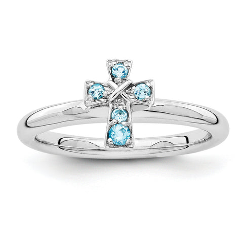 Sterling Silver Stackable Expressions Rhodium Blue Topaz Cross Ring - shirin-diamonds