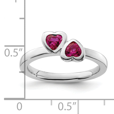 Sterling Silver Stackable Expressions Cr. Ruby Double Heart Ring