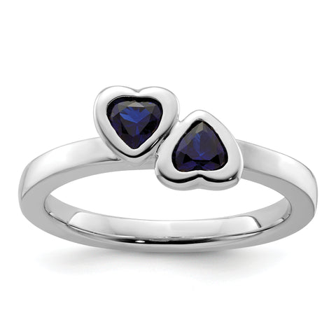 Sterling Silver Stackable Expressions Cr. Sapphire Double Heart Ring Size 7