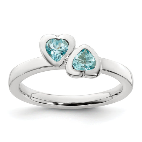 Sterling Silver Stackable Expressions Blue Topaz Double Heart Ring Size 6