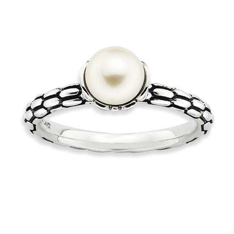 Sterling Silver Stack Exp. Polished Patterned White FW Cultured Pearl Ring - shirin-diamonds