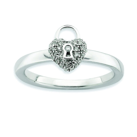 Sterling Silver Stackable Expressions Polished Diamond Heart Lock Ring - shirin-diamonds
