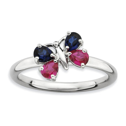 Sterling Silver Stackable Expressions Cr Ruby & Cr Sapphire Butterfly Ring - shirin-diamonds