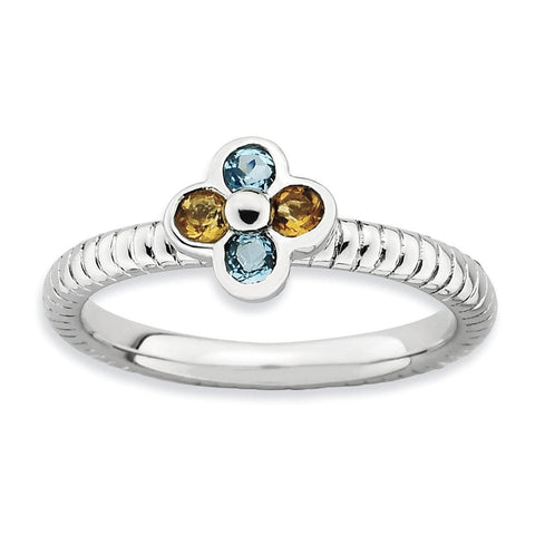 Sterling Silver Stackable Expressions Blue Topaz & Citrine Flower Ring - shirin-diamonds