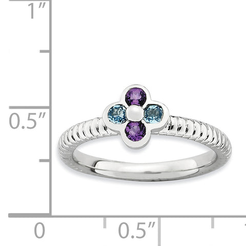 Sterling Silver Stackable Expressions Blue Topaz & Amethyst Flower Ring
