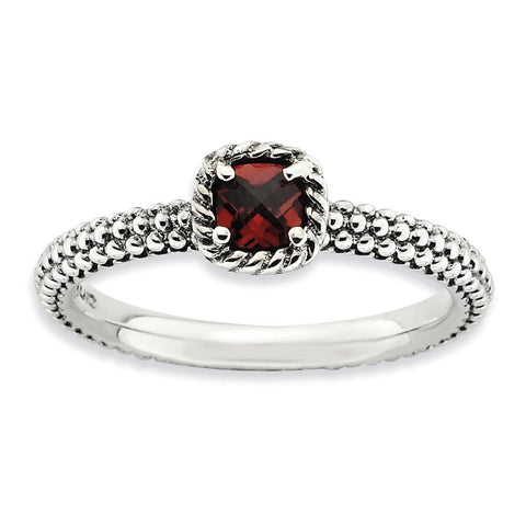 Sterling Silver Stackable Expressions Checker-cut Garnet Antiqued Ring - shirin-diamonds