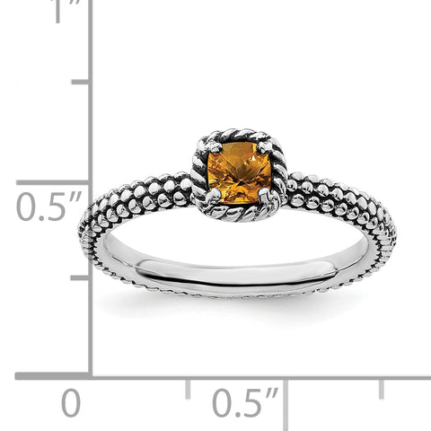 Sterling Silver Stackable Expressions Checker-cut Citrine Antiqued Ring