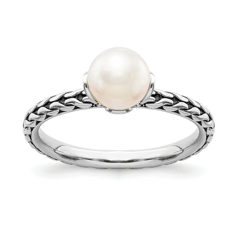 Sterling Silver Stack Exp. 7.0-7.5mm White FW Cultured Pearl Ring Size 8
