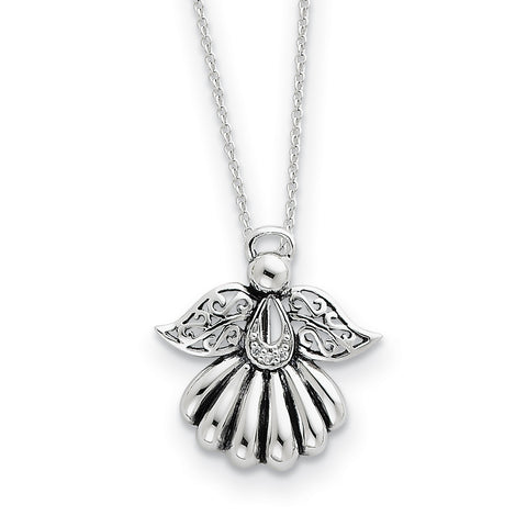 Sterling Silver CZ Antiqued Angel of Remembrance 18in Necklace QSX159 - shirin-diamonds