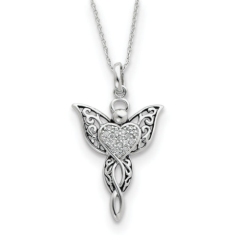Sterling Silver CZ Antiqued Angel of Blessing 18in Necklace QSX165 - shirin-diamonds
