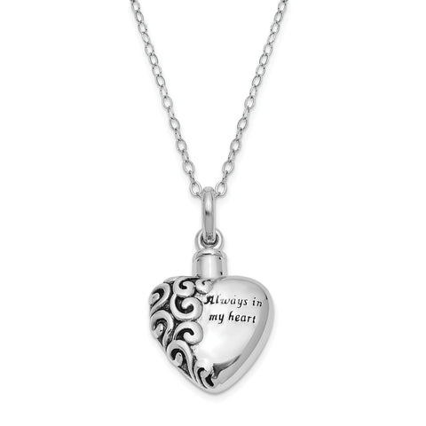 Sterling Silver Antiqued Heart Remembrance Ash Holder 18in Necklace QSX173 - shirin-diamonds
