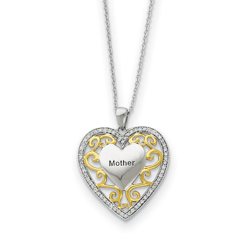 Sterling Silver & Gold-plated Mother 18in Heart Necklace QSX251 - shirin-diamonds