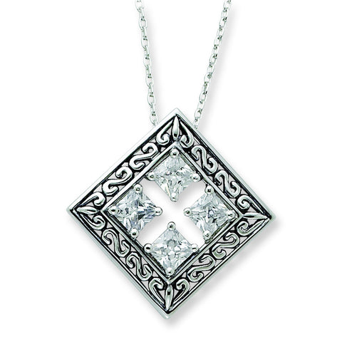 Sterling Silver Antiqued CZ Cornerstones Of Integrity 18in Necklace QSX374 - shirin-diamonds