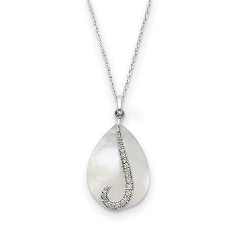 Sterling Silver Mother of Pearl & CZ Tear From Heaven 18in Necklace QSX407 - shirin-diamonds