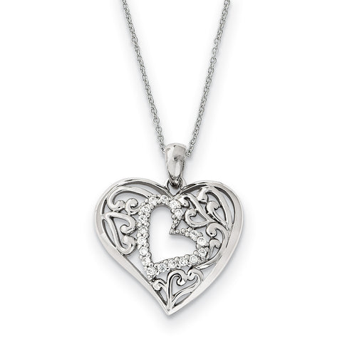 Sterling Silver CZ Forever In My Heart 18in Necklace QSX427 - shirin-diamonds