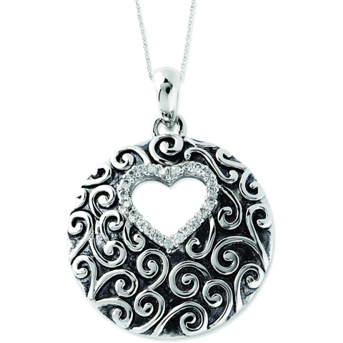 Sterling Silver Antiqued CZ The Heart Of A Family 18in Heart Necklace QSX434 - shirin-diamonds