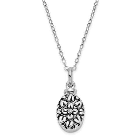 Sterling Silver CZ Antiqued Flower Ash Holder 18in Necklace QSX534 - shirin-diamonds