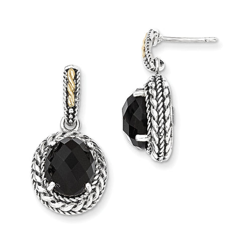 Sterling Silver w/14k Antiqued Onyx Post Dangle Earrings QTC1013 - shirin-diamonds