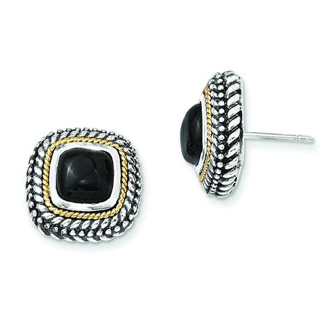 Sterling Silver w/14k Cabochon Onyx Post Earrings QTC1022 - shirin-diamonds