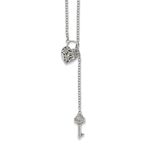 Sterling Silver w/14k Diamond Heart Lock and Key Necklace QTC1027 - shirin-diamonds