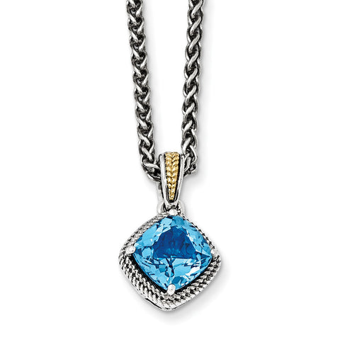 Sterling Silver w/14k Antiqued Blue Topaz Necklace QTC1044 - shirin-diamonds