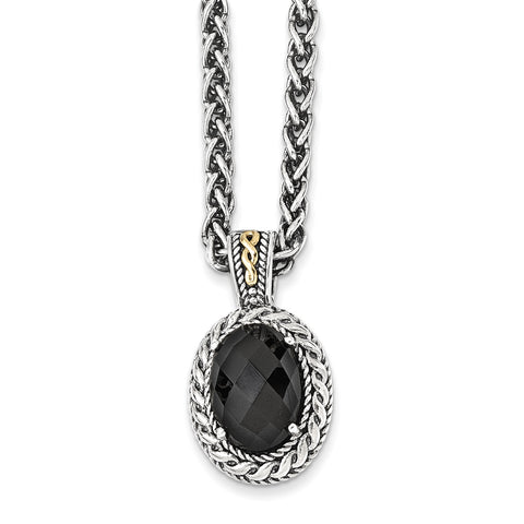 Sterling Silver w/14k Antiqued Onyx Necklace QTC1091 - shirin-diamonds