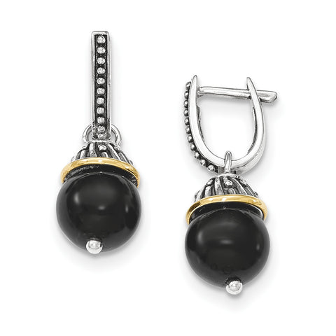 Sterling Silver w/14K Black Onyx Polished and Textured Earrings QTC1210 - shirin-diamonds