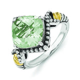 Sterling Silver w/14ky Green Quartz Cushion Ring - shirin-diamonds