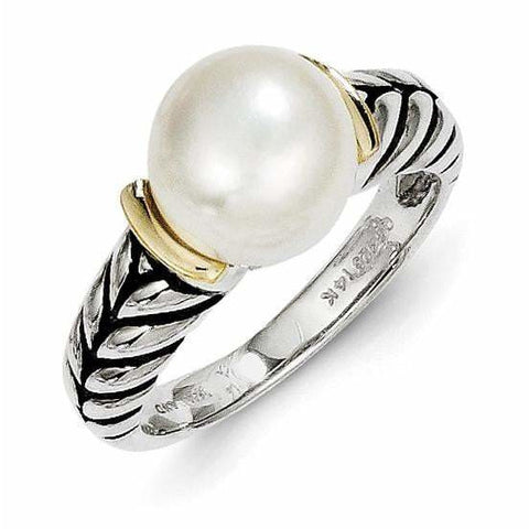 Sterling Silver w/14k 10mm Button FW Cultured Pearl Ring - shirin-diamonds