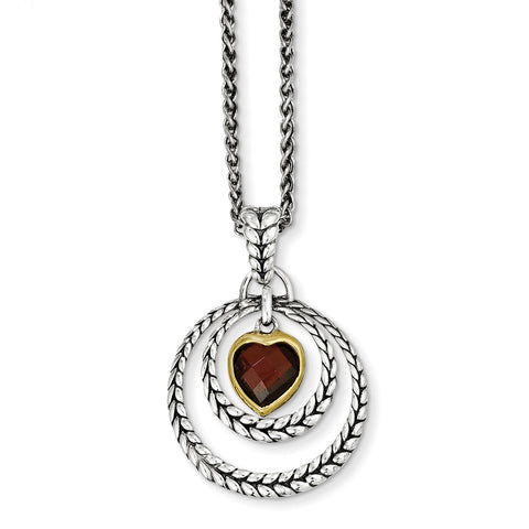 Sterling Silver w/Gold-tone Flash Gold-plated Garnet Heart Necklace QTC27 - shirin-diamonds