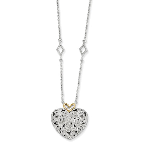 Sterling Silver w/14k Diamond Vintage Heart Necklace QTC315 - shirin-diamonds