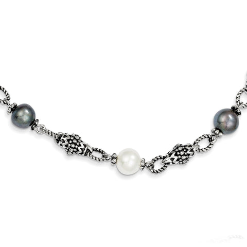 Sterling Silver FW Cultured Black & White Pearl Necklace QTC449 - shirin-diamonds