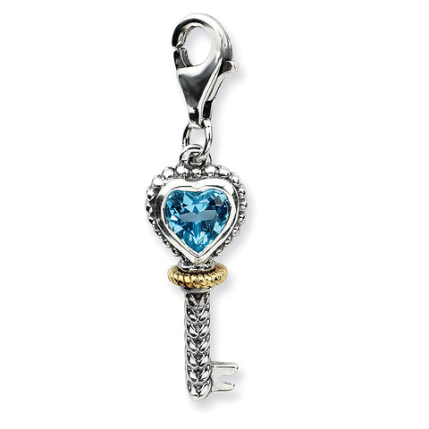 Sterling Silver w/14k Blue Topaz Antique Key w/Lobster Clasp Charm QTC492 - shirin-diamonds