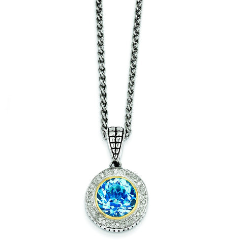 Sterling Silver w/14K Swiss Blue Topaz & Diamond Necklace QTC52 - shirin-diamonds