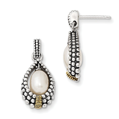 Sterling Silver w/14k 7x5mm FW Cultured Pearl Drop Earrings QTC55 - shirin-diamonds