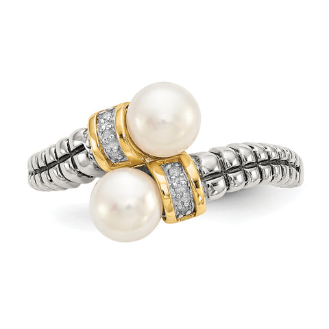 Sterling Silver w/14k FW Cultured Pearl & Diamond By-Pass Ring