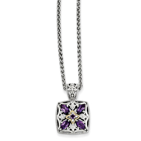Sterling Silver w/14k Diamond & Amethyst Necklace QTC741 - shirin-diamonds