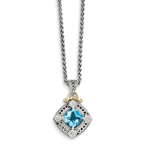 Sterling Silver w/14k Diamond & Blue Topaz Necklace QTC791 - shirin-diamonds