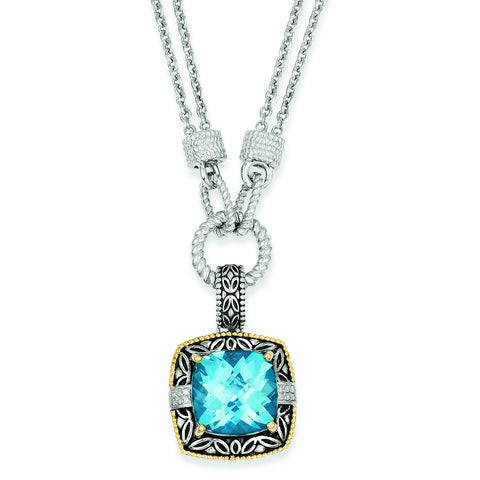 Sterling Silver w/14k Sky Blue Topaz & Diamond Necklace QTC83 - shirin-diamonds