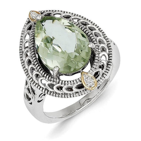 Sterling Silver w/14k Diamond & Green Quartz Ring - shirin-diamonds