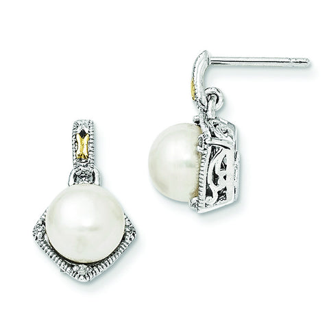 Sterling Silver w/14k FW Cultured Pearl Diamond Post Earrings QTC960 - shirin-diamonds