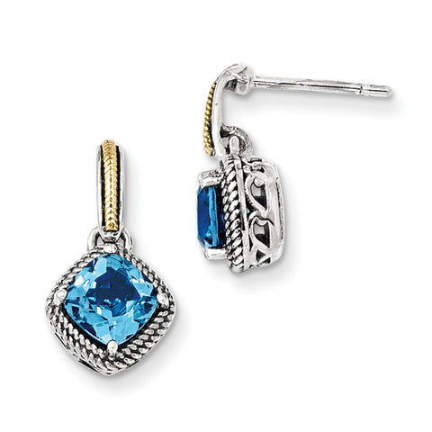 Sterling Silver w/14k Antiqued Light Swiss Blue Topaz Post Earrings QTC962 - shirin-diamonds