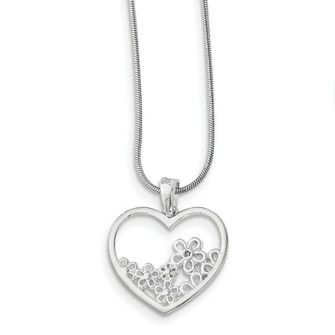 SS White Ice Heart Shaped w/ Flower Center Necklace QW343 - shirin-diamonds