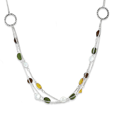 Sterling Silver Antiqued Brown/Green/Yellow CZ 18In. Necklace QX912 - shirin-diamonds