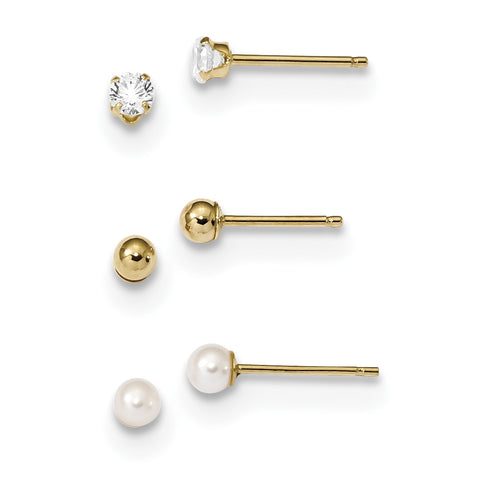 14k Madi K 3 Pair Set-Ball, CZ & Freshwater Cultured Pearl Earrings SE2573 - shirin-diamonds